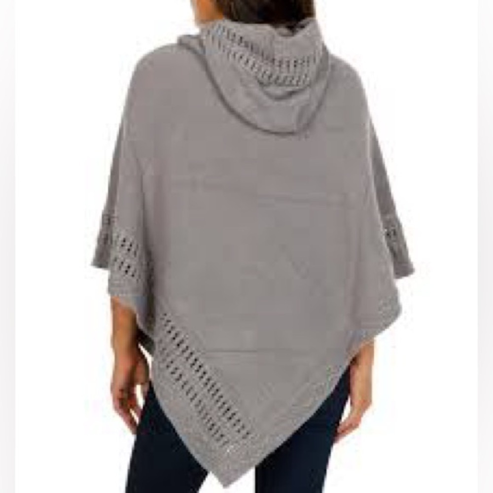 Steve Madden Hooded Poncho Knit Asymmetrical Hem Charcoal Gray Cozy Cabin Core - Picture 2 of 14